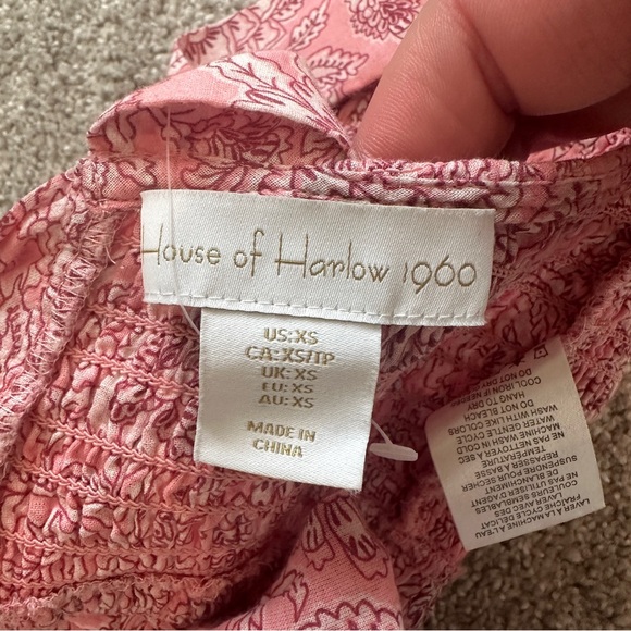 House Of Harlow Crop Top Smocked Floral Stretch Tie Back Square Neck Pink Sz XS - Picture 5 of 7